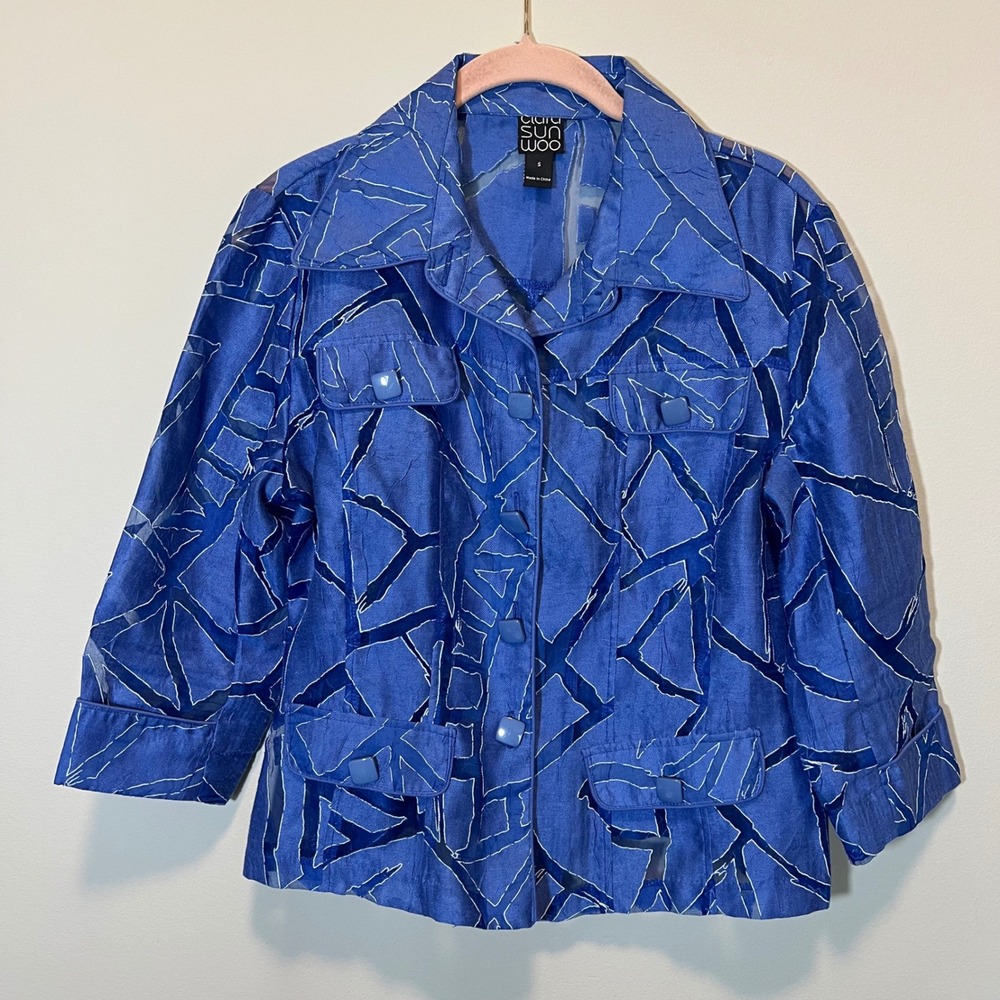 Clara Sunwoo Blue Burnout Geometric Sheer Mesh Jacket 4-Pocket Rayon Linen Small
